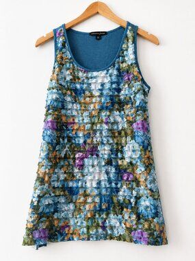 Marina Luna Blue Floral Layered Tank S Boho Artsy Feminine Textured Top
